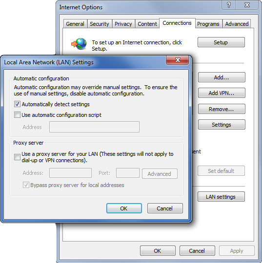Deteção automática dos parâmetros do proxy no Microsoft Windows 7